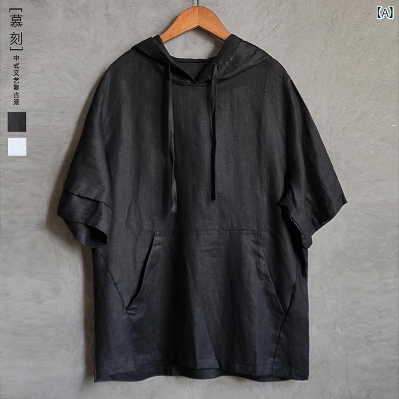メンズ 半袖 春夏 薄手 涼しい レトロ フード リネン Tシャツ カジュアル スウェット シャツ ホワイト ブルー グリーン 8,886円