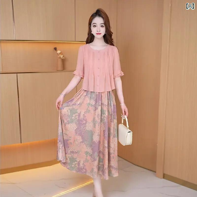 スター シフォン ドレス 軽量 涼しい 涼しい 涼しい 花柄 フェイク 2点 セット