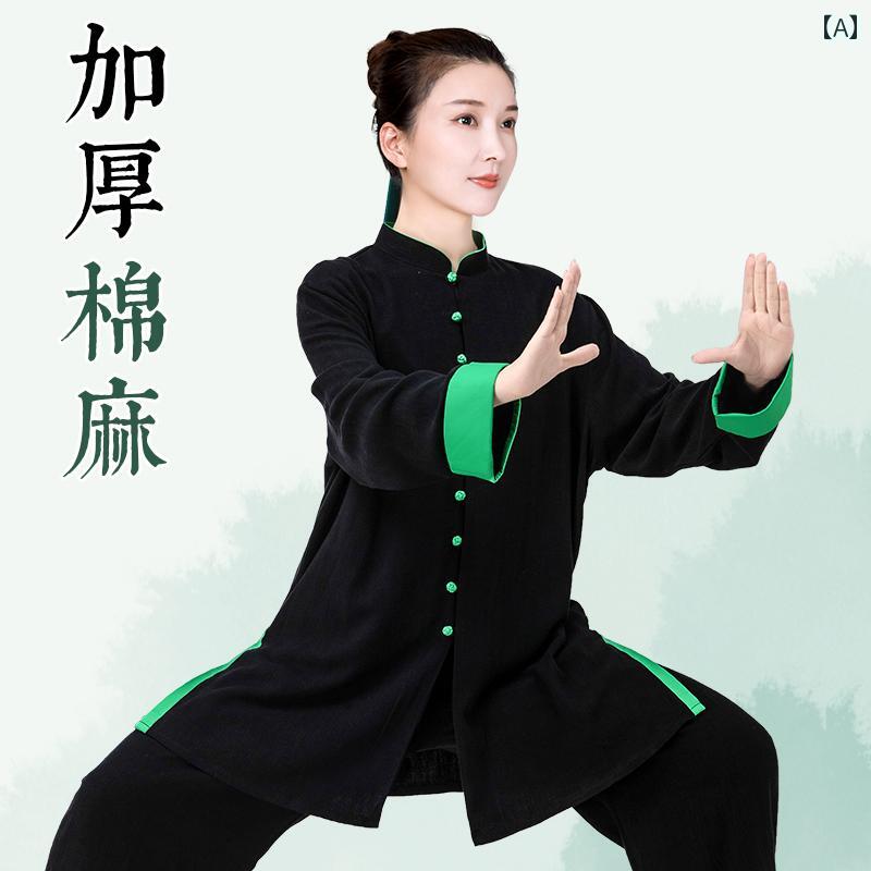 太極拳 服 レディース メンズ カンフー 武術 ウェア トレーニング 格闘技 練習 秋冬 厚手 綿 リネン ブラック グリーン