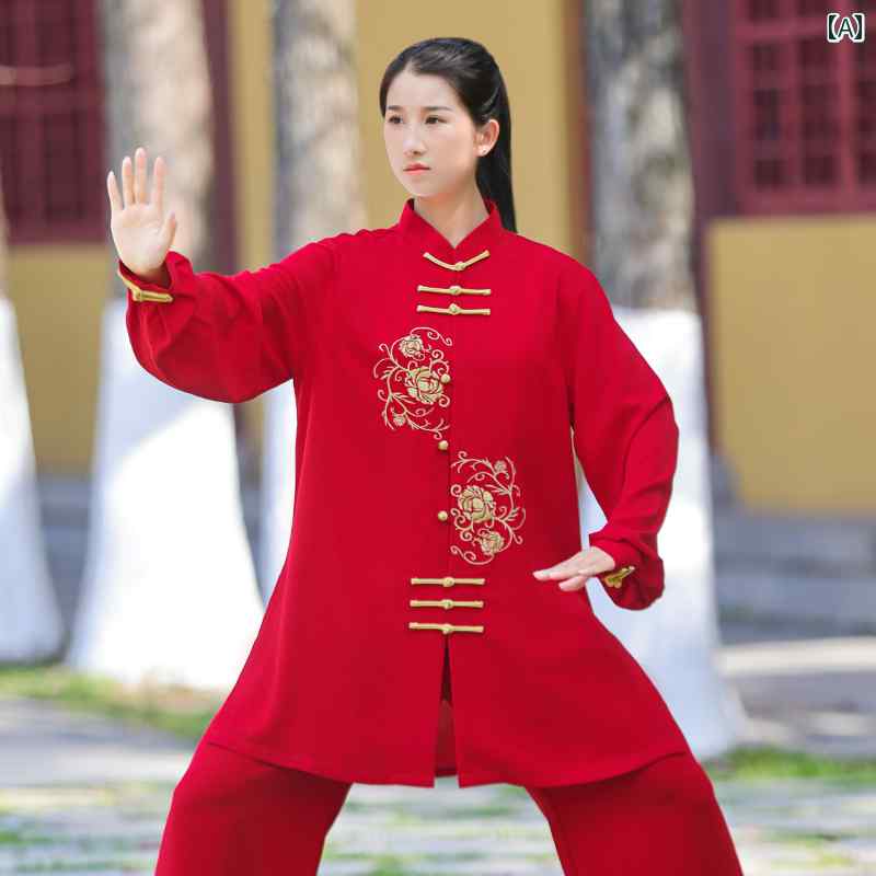 太極拳 服 レディース カンフー 武術 ウェア トレーニング 格闘技 春夏 刺繍 練習 レッド