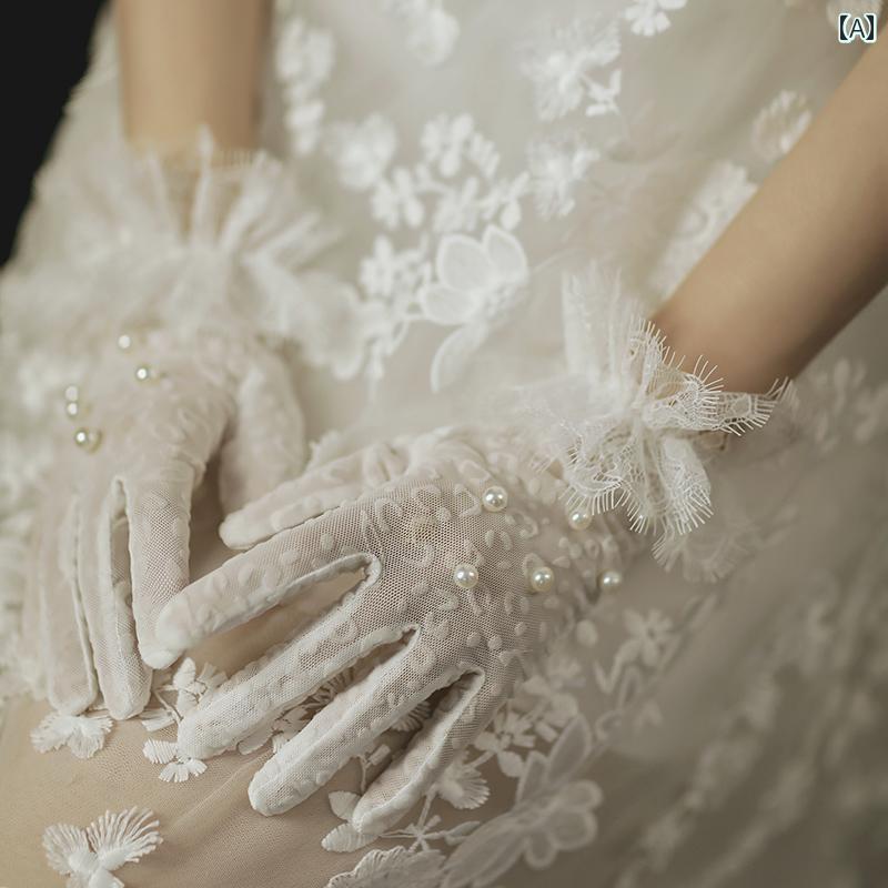 グローブ ショート 手袋 ウエディング 結婚式 ブライダル 花嫁 アクセサリー 韓国 レース 花 ガーゼ パール 白