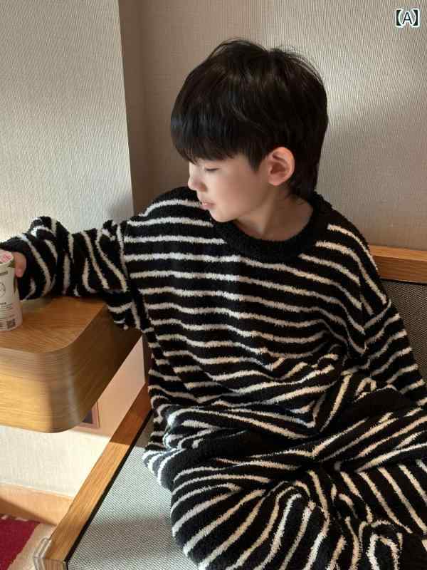 男の子 モコモコ パジャマ キッズ 秋冬 コーラルフリース 厚手 フランネル 暖かい 韓国 快適 ラウンドネック 大きいサイズ ホームウエア 上下セット ストライプ 黒 緑 オレンジ