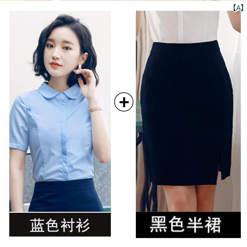 スーツ レディース おしゃれ スカート パンツ セットアップ ビジネス オフィス 通勤 仕事 半袖 面接 シャツ タイト 細身 隠しボタン スリット シンプル きれいめ 大きめサイズ 青 白 黒｜おうち健康生活