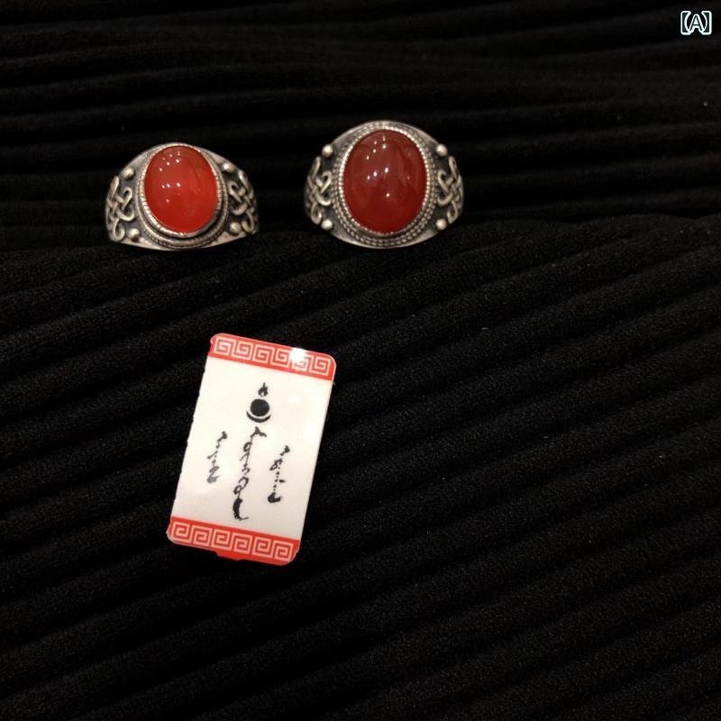 指輪 太め レディース スターリングシルバー 990 銀 レトロ エスニック カップル リング モンゴル メンズ お揃い 彫刻 オープン 調節 赤 緑 オレンジ｜おうち健康生活