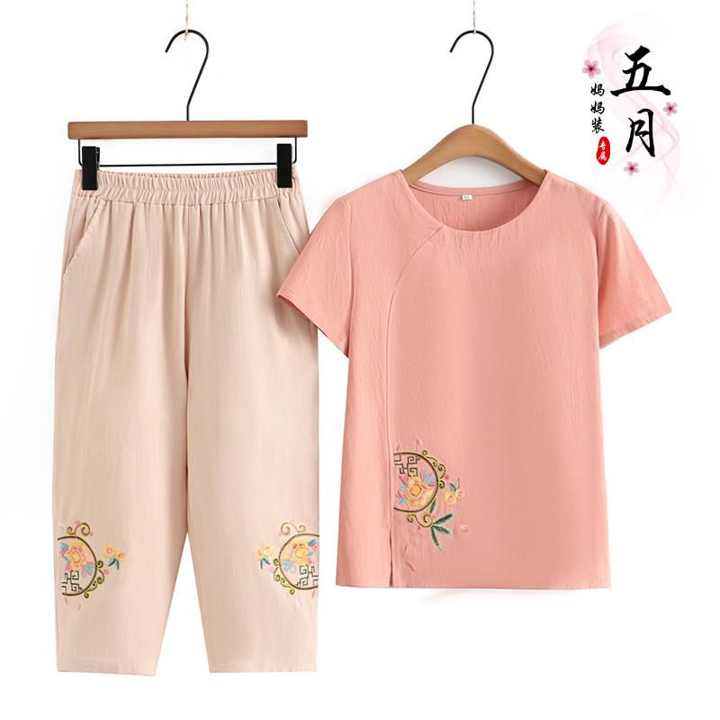 ミセス ファッション おしゃれ 婦人服 上品 淑女 レディース 夏 綿麻 セットアップ 洋風 刺繍 トップス ゆったり 着痩せ カジュアル 2点 セット