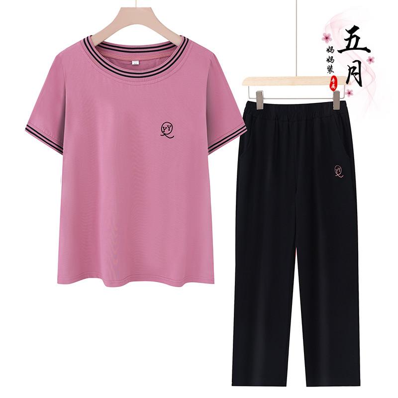 ミセス ファッション おしゃれ 婦人服 上品 淑女 レディース カジュアル セットアップ 夏 ラウンドネック 半袖 Tシャツ 薄手 涼しい 涼しい スポーツウェア 夏 2点 セット