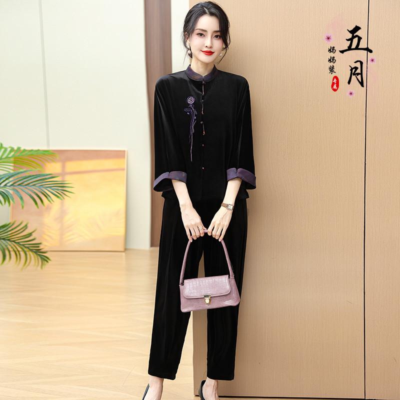 御上さん 流行り物 今めかしい お上さん服 雅びやか 小母さん レディース 起毛 セットアップ 春 瀬戸もの風 ゴールド 起毛 中国 トップス 2点 書き割り