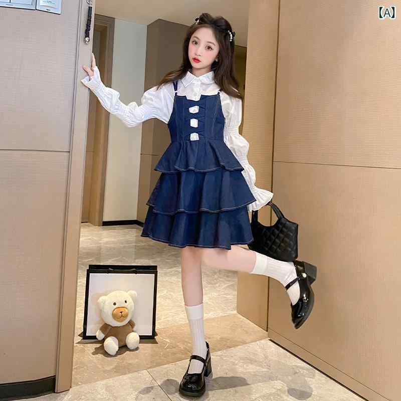 女の子 ワンピース デニム キッズ 子供服 春秋 スカート 膝丈 フリル リボン 調節可能 ストラップ 長袖 シャツ かわいい ガーリー 青