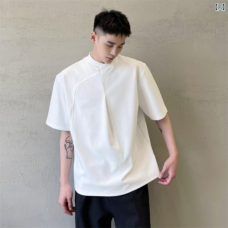 韓国 オーバーサイズ tシャツ 夏 半袖 Tシャツ クロスリブネック ラグジュアリー 無地 チャイナ風 シンプル おしゃれ 白 黒