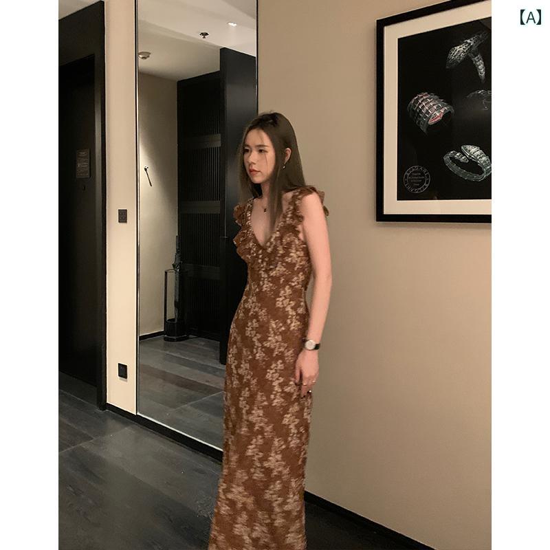 ワンピース 春 花柄 レディース ラウンドネック ノースリーブ 半袖 ショッピング 旅行 リゾート レトロ おしゃれ マキシ丈 フリル シフォン 茶 アプリコット