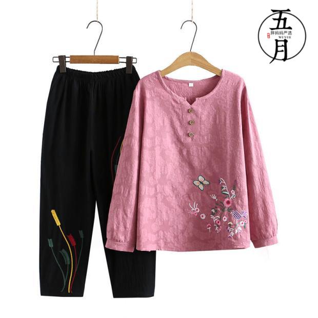ミセス ファッション おしゃれ 婦人服 上品 淑女 レディース 秋 セットアップ おしゃれ 綿 長袖 Tシャツ ウエストゴム ウォッシュド コットン 九分丈 パンツ 2点 セット
