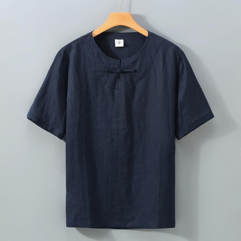 メンズ ファッション シンプル おしゃれ カジュアル チャイナ風 リネン 半袖 Tシャツ リネン チャイナ風 レトロ バックル フル リネン Tシャツ トレンディ t|おうち健康生活
