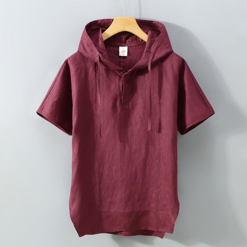 メンズ ファッション シンプル おしゃれ カジュアル チャイナ風 レトロ リネン 半袖 フード Tシャツ 軽量 涼しい 麻生地 Tシャツ トレンディ Tシャツ