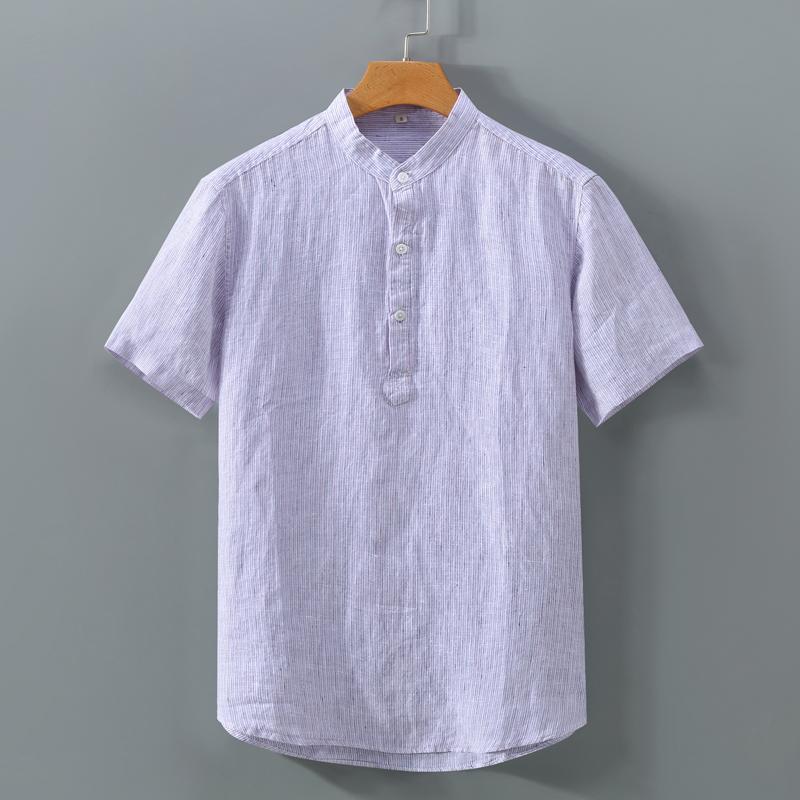 メンズ ファッション シンプル おしゃれ カジュアル 夏 リネン ストライプ 半袖 Tシャツ リネン レトロ チャイナ風 フル リネン Tシャツ トレンディ Tシャツ