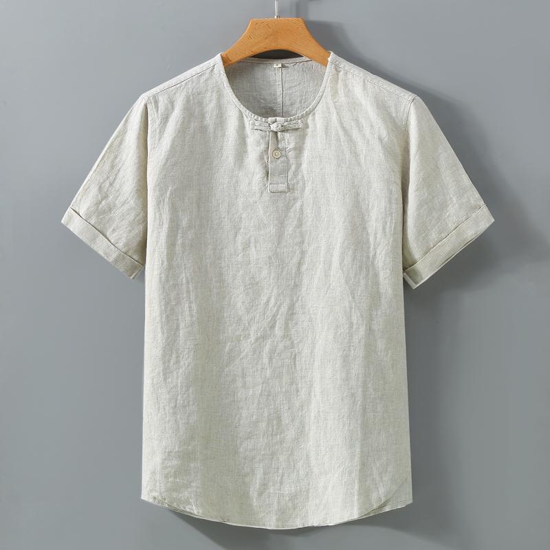 メンズ ファッション シンプル おしゃれ カジュアル チャイナ風 リネン ボタン 半袖 Tシャツ リネン 通気性 快適 快適 フル リネン Tシャツ トレンディ Tシャツ