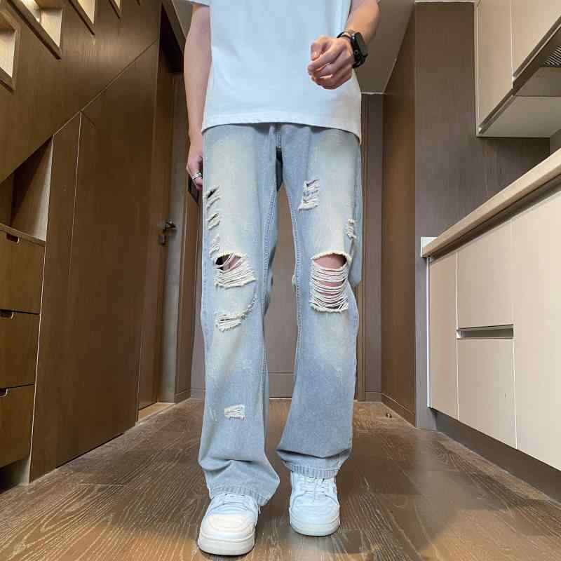 ひんやり 涼しい 快適 ジーンズ 夏 薄手 涼しい 涼しい ダメージ レトロ パンツ アメリカン ストリート パンツ ドレープ ストレート フロアレングス パンツ