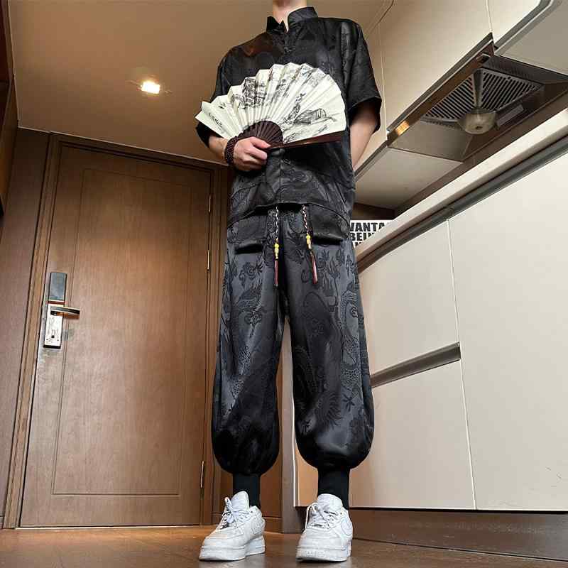 ひんやり 涼しい 快適 シャツ ドラゴン 柄 ジャカード 唐 セットアップ 夏 チャイナ風 漢服 中国 瞑想 セットアップ