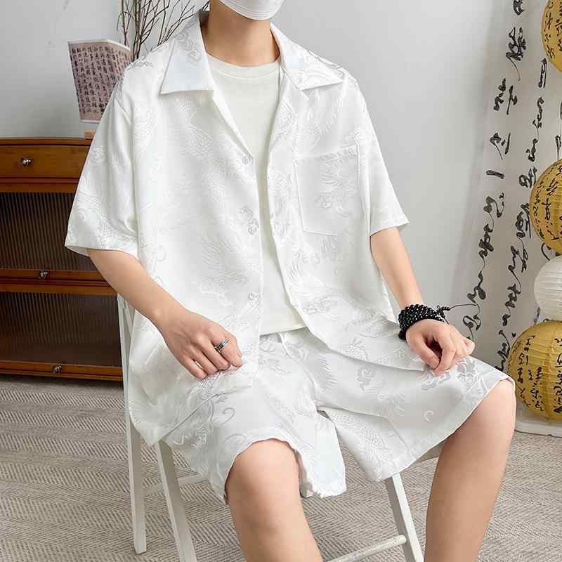 ひんやり 涼しい 快適 半袖 シャツ 夏 中国 セットアップ チャイナ風 ドラゴン 柄 ジャカード 唐 セットアップ 漢服