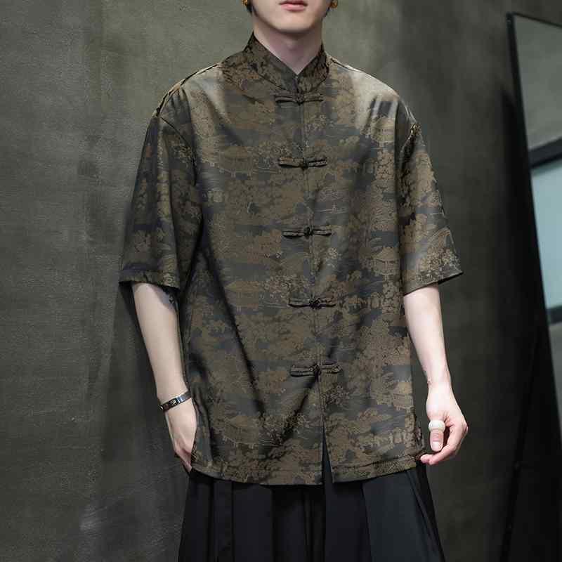 ひんやり 涼しい 快適 唐 装 夏 薄手 涼しい 涼しい 半袖 シャツ チャイナ風 ジャカード プレート バックル 漢服 チャイナ風 紳士服 トレンド