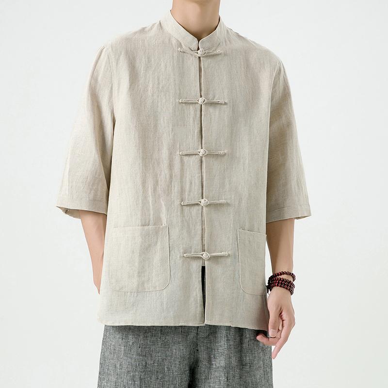 リネン 唐 セットアップ 夏 薄手 涼しい 涼しい 綿 リネン 半袖 シャツ チャイナ風 漢服 七分袖 トップス