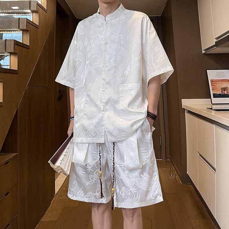 チャイナ風 ドラゴン 柄 ジャカード 唐 セットアップ 夏 中国 セットアップ 薄手 涼しい 涼しい ゆったり ひんやり 涼しい 快適 半袖 シャツ 2点 セット