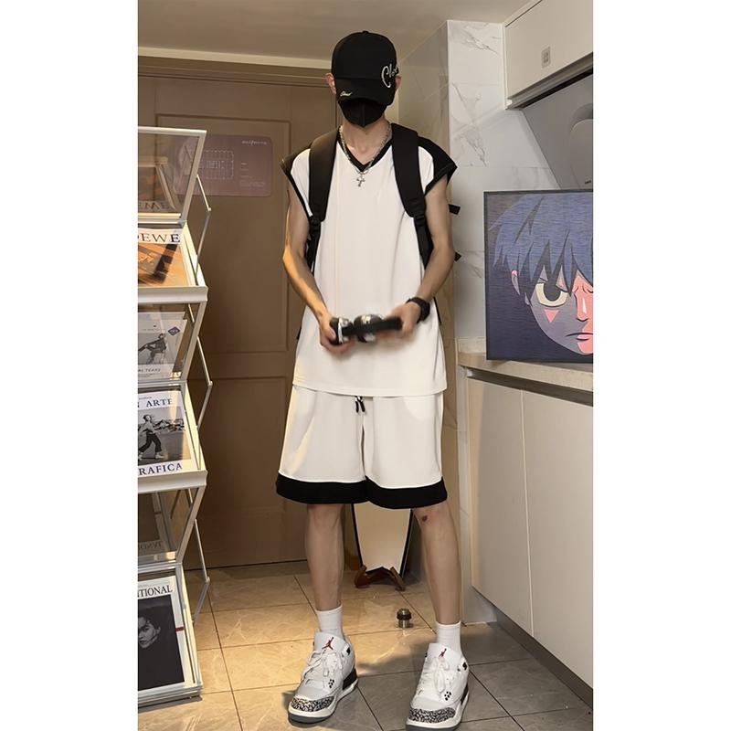 アメカジ セットアップ 夏 薄手 涼しい 涼しい 涼しい ゆったり ノースリーブ Tシャツ アメリカン スポーツ ベスト トレンド 2点 セット