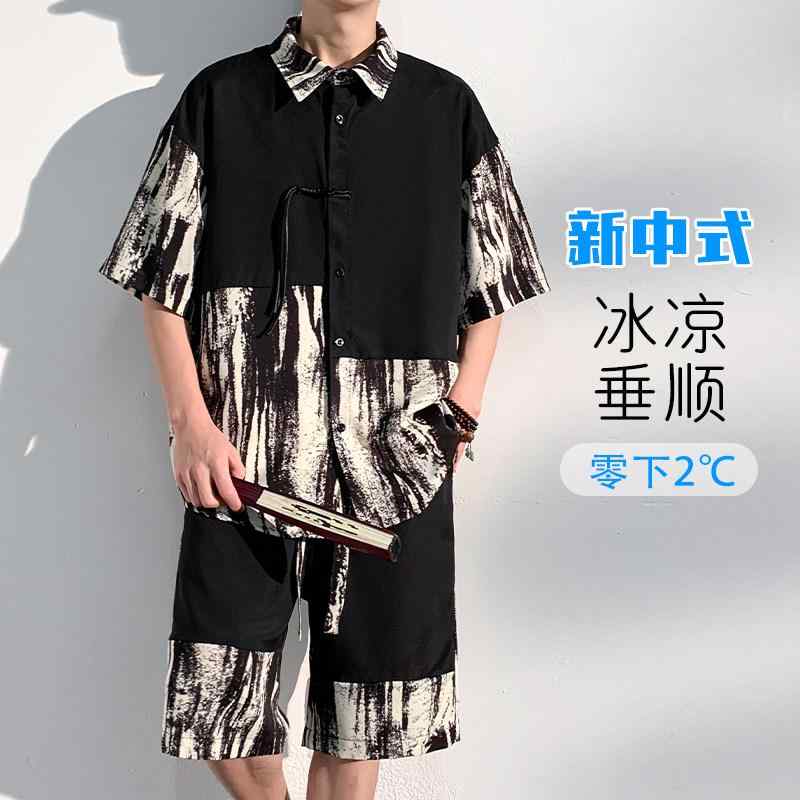 ステッチ ひんやり 涼しい 快適 半袖 シャツ 夏 チャイナ風 セットアップ チャイナ風 紳士服 セット