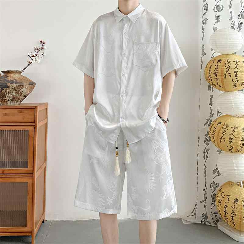 チャイナ風 セットアップ 夏 薄氷 半袖 シャツ チャイナ風 ドラゴン 柄 ジャカード 唐 セットアップ 漢服