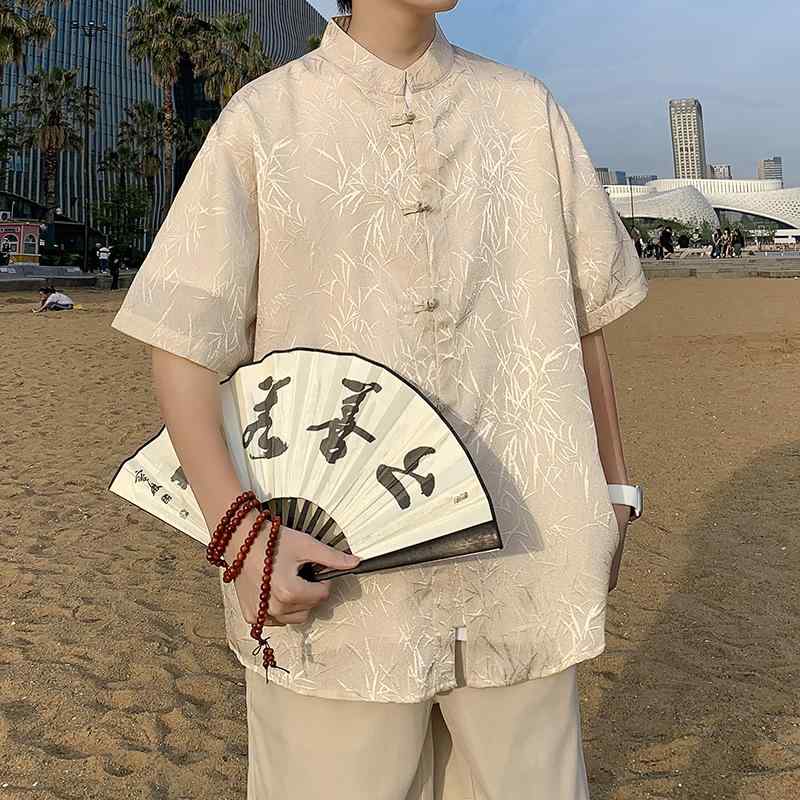 チャイナ風 ひんやり 涼しい 快適 シャツ 半袖 夏 チャイナ風 スタンドカラー ボタン アップ シャツ トレンディ 半袖 ジャケット 5,190円