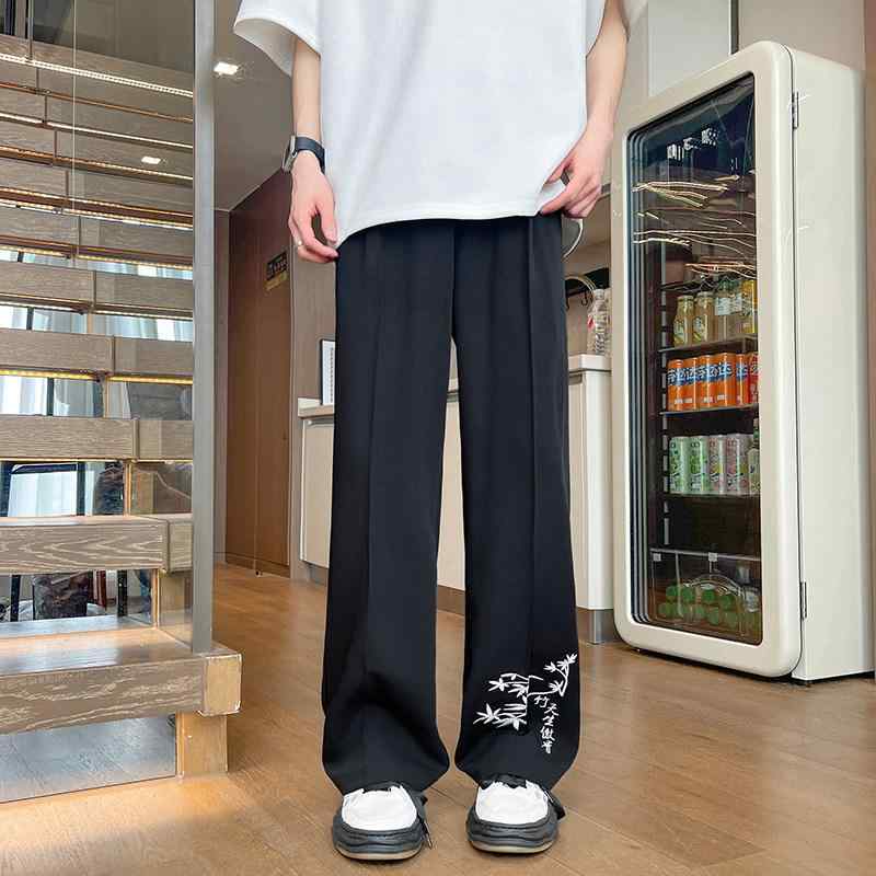 チャイナ風 竹 刺繍 パンツ 夏 薄手 涼しい ひんやり 涼しい 快適 パンツ ストレート レッグ パンツ ドレー ピー ワイドレッグ パンツ