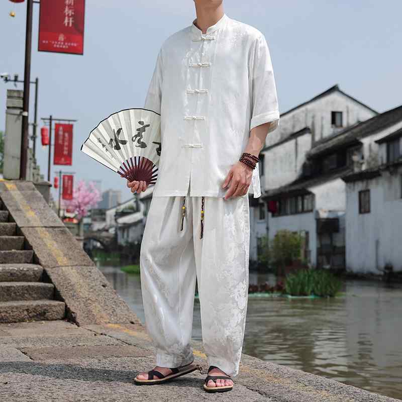中国 夏 瀬戸もの風  名取り草 刺しゅう 半袖 プルオーバー 馬鹿でかい大きさ クロップドパンツ 2点 仕掛ける