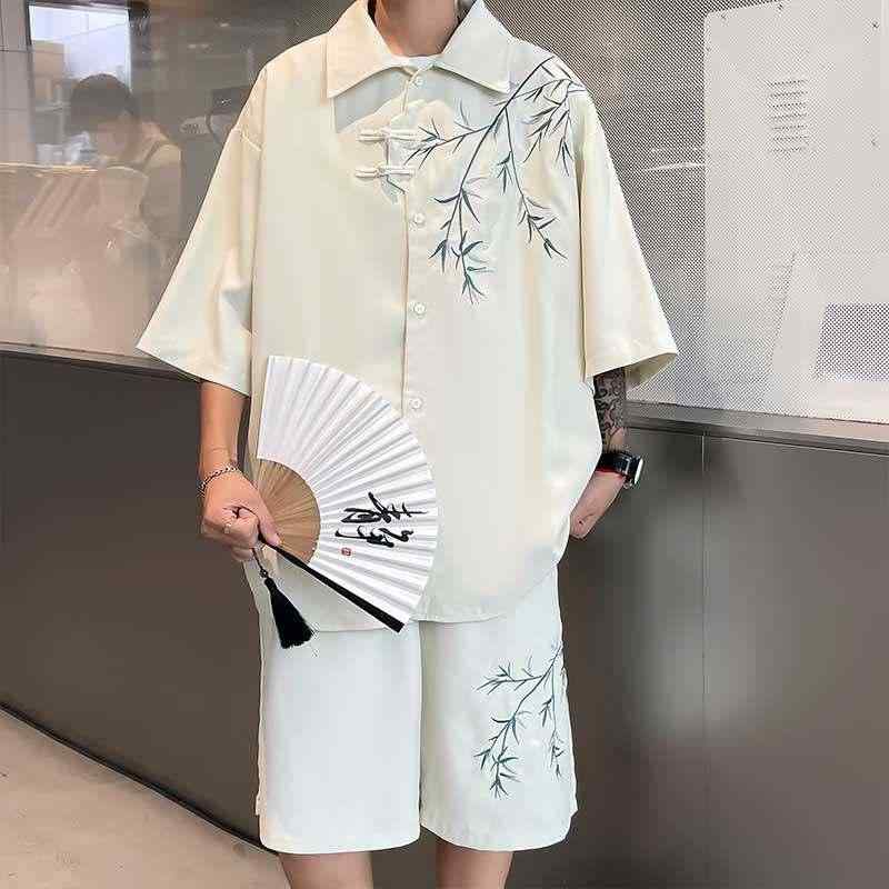 ひんやり 涼しい 快適 半袖 シャツ 夏 チャイナ風 セットアップ チャイナ風 竹 刺繍 唐 装 漢服 2点 セット