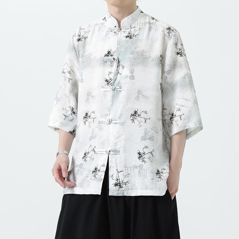 チャイナ風 半袖 シャツ 夏 薄手 涼しい 涼しい 五分袖 ひんやり 涼しい 快適 シャツ チャイナ風 プリント 唐 セットアップ 漢服