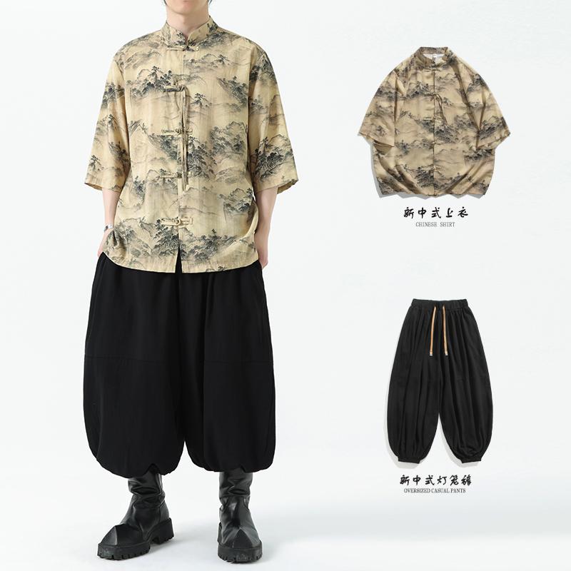 唐 セットアップ 夏 中国 セットアップ 瀬戸もの風 漢服 半袖 プルオーバー レトロ セットアップ
