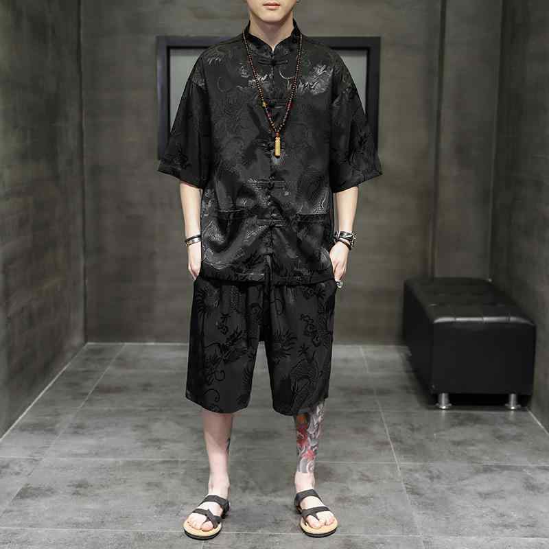 ひんやり 涼しい 快適 唐 装 夏 中国 チャイナ風 ジャカード ボタン 半袖 シャツ 漢服 セットアップ