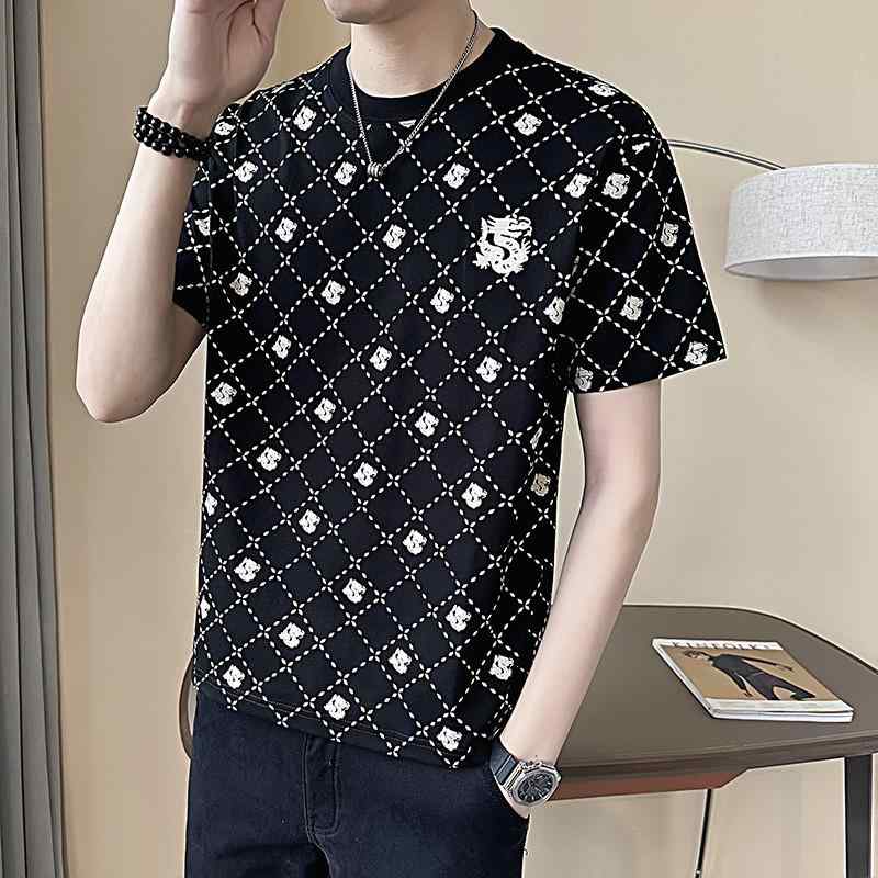 半袖 Tシャツ 夏 トレンド 市松 模様 プリント ドラゴン トレンディ 半袖 ラウンドネック Tシャツ