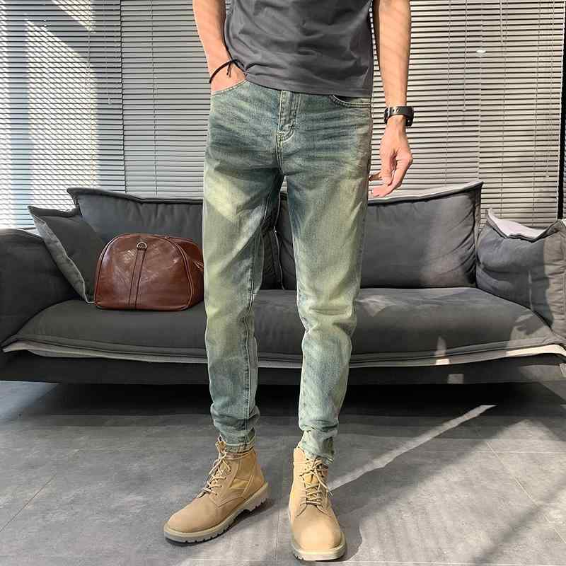メンズ ファッション カジュアル おしゃれ ジーンズ トレンディ スリムフィット 裾細 アメリカン レトロ ウォッシュ 春秋冬 ストレッチ ロング パンツ