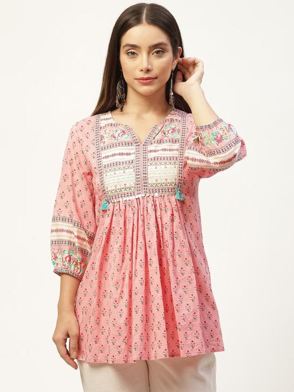 レディース ファッショ ゆったり 体型カバー 妊婦 マタニティ インド エスニック 服 綿 手 捺 染 ショート トップ Vネック ランタン 袖 七分袖 薄手 涼しい ピンク