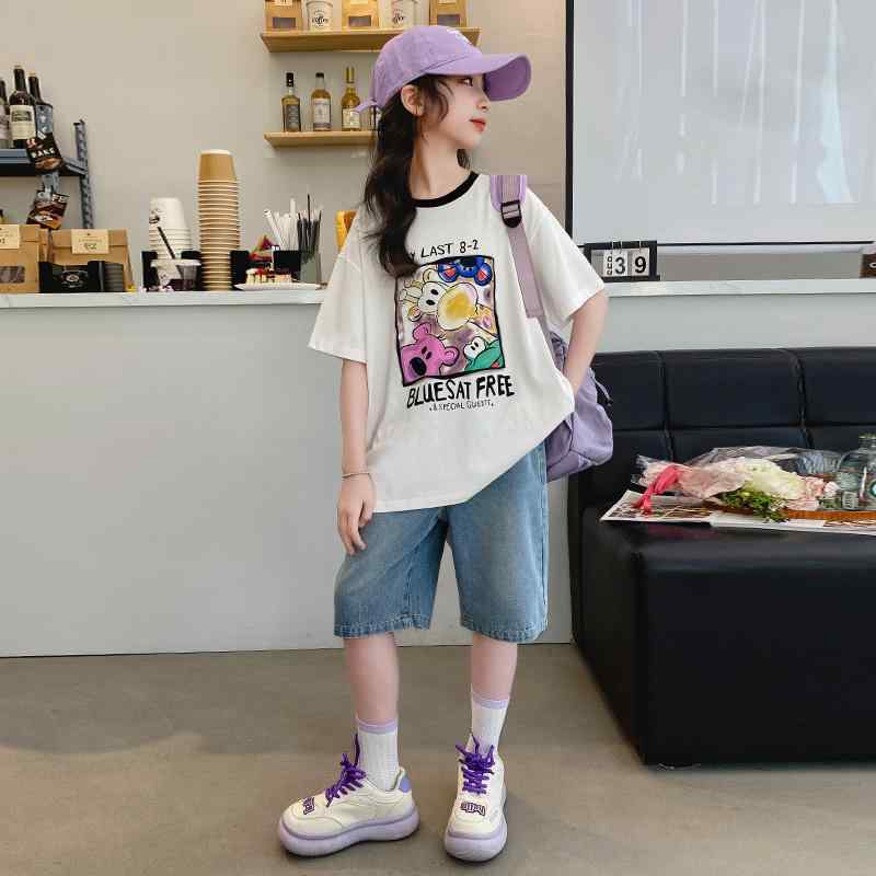 子供服 女の子 セットアップ おしゃれ カジュアル デニム トップス 夏 夏 半袖 ショート パンツ ミディアム パンツ 2点 セット
