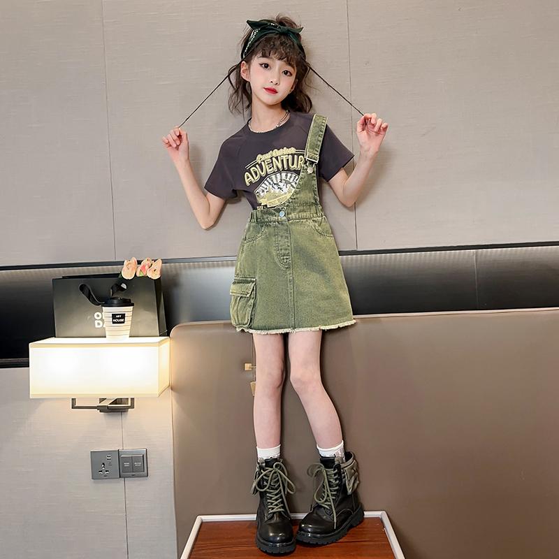 子供服 女の子 夏 セットアップ かわいい ドレス デニム サスペンダー スカート トレンディ ビッグ スカート