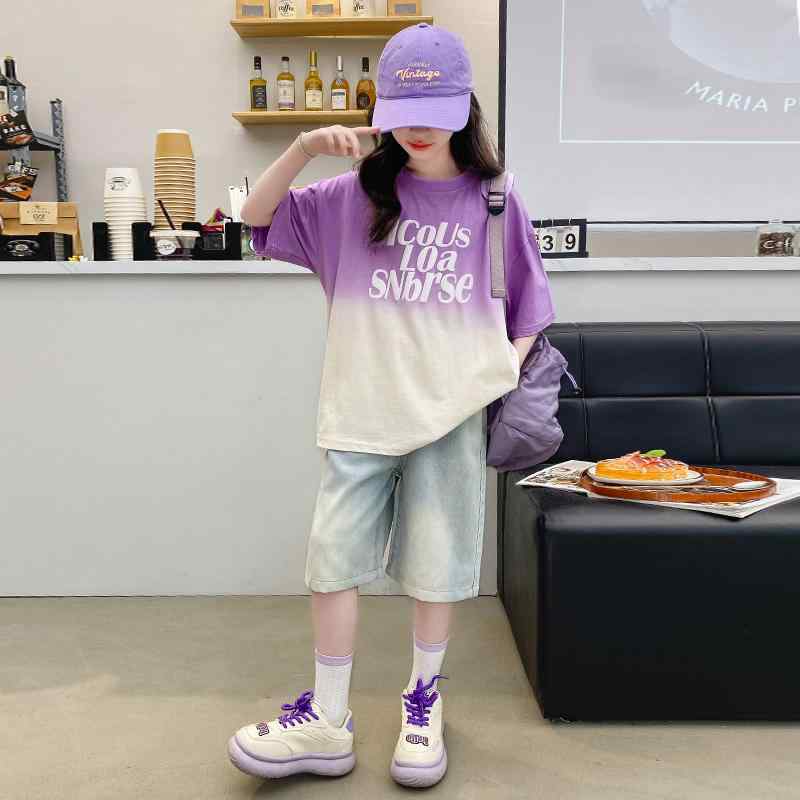 子供服 女の子 セットアップ おしゃれ カジュアル デニム トップス 夏 夏 グラデーション 半袖 ショートパンツ 2点 セット