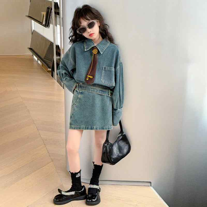 子供服 女の子 セットアップ おしゃれ カジュアル デニムシャツ 春 韓国 春秋 デニムスカート パンツ 2点 セット