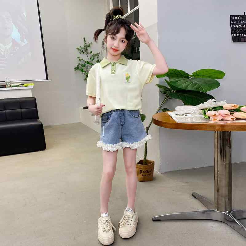 子供服 女の子 セットアップ おしゃれ カジュアル デニム トップス ポロシャツ 半袖 夏 ショートパンツ 韓国 トレンド セットアップ