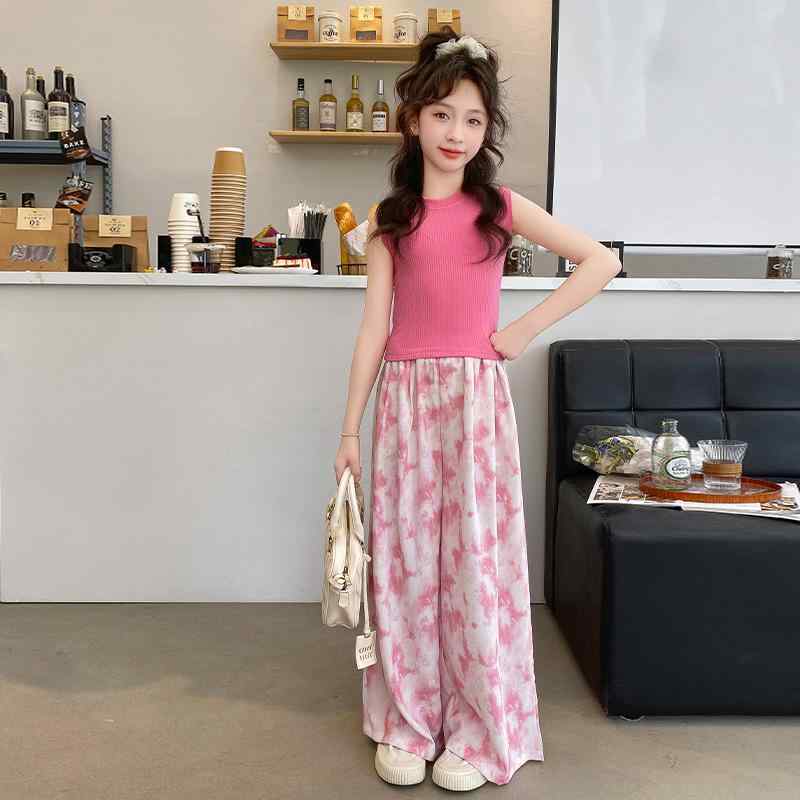 子供服 女の子 セットアップ おしゃれ カジュアル 夏 ベスト 薄手 涼しい シフォン ワイドレッグ パンツ ウェア