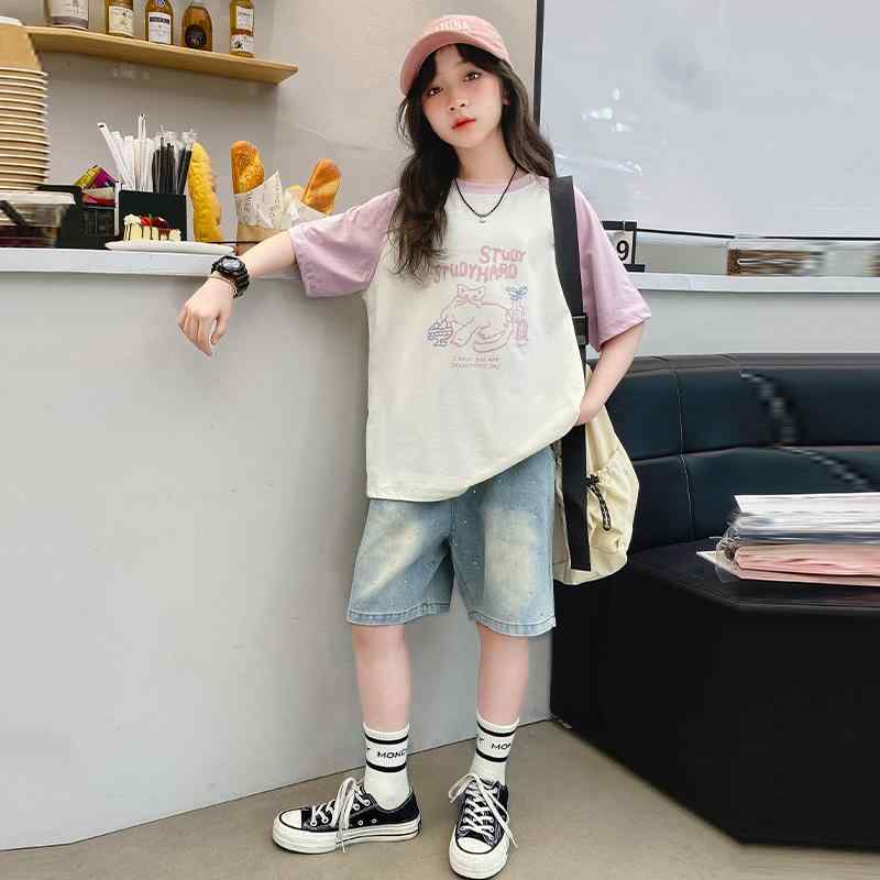 子供服 女の子 セットアップ おしゃれ カジュアル デニム トップス 半袖 Tシャツ セット 夏 薄手 涼しい ショートパンツ 2点 セット