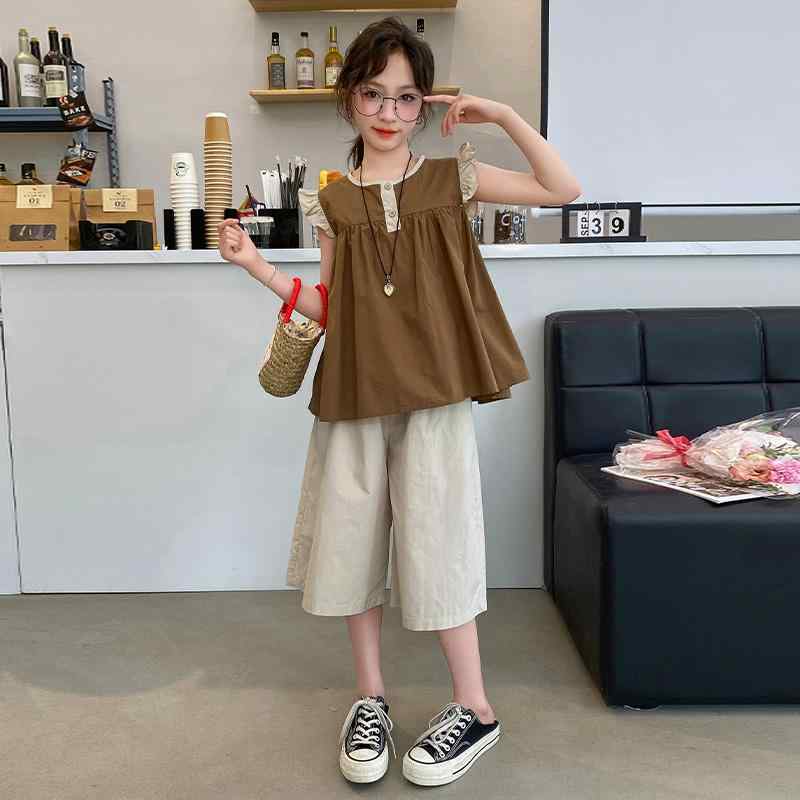 子供服 女の子 セットアップ おしゃれ カジュアル 夏 ズボン パンツ 薄手 涼しい シャツ ベスト 2点セット トレンド ウェア