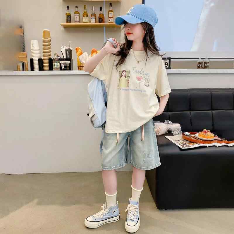 子供服 女の子 セットアップ おしゃれ カジュアル デニム トップス パンツ 夏 韓国 半袖 夏 ハーフ ショート パンツ
