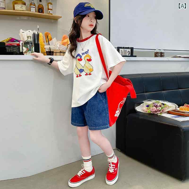 子供服 女の子 セットアップ おしゃれ カジュアル デニム トップス 半袖 夏 薄手 涼しい ショートパンツ 2点 セット 韓国 ウェア