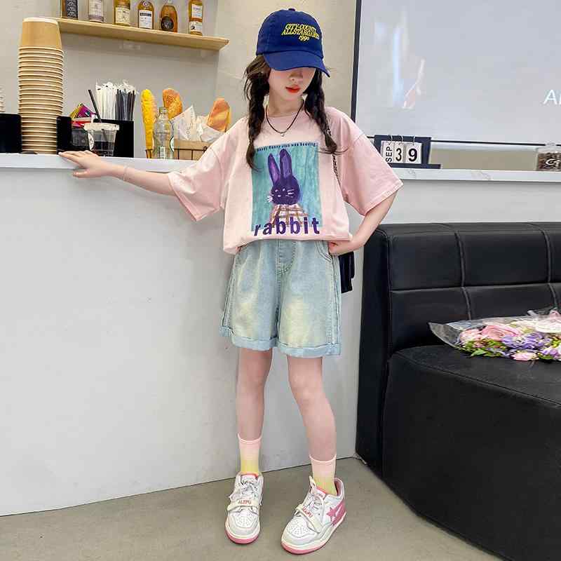 子供服 女の子 セットアップ おしゃれ カジュアル デニム トップス Tシャツ セット 夏 薄手 涼しい ショート パンツ 2点 セット 半袖 Tシャツ