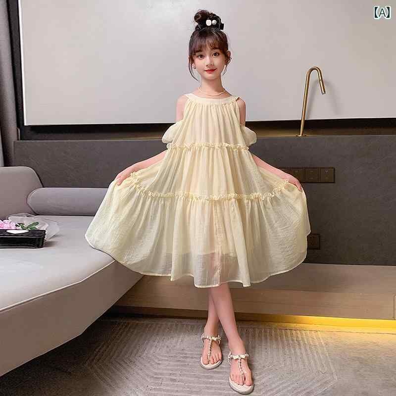 女の子 ファッション キッズ ドレス 夏 薄手 涼しい 子供 オフショルダー プリンセス ドレス トレンディ 子供 ガール ドレス